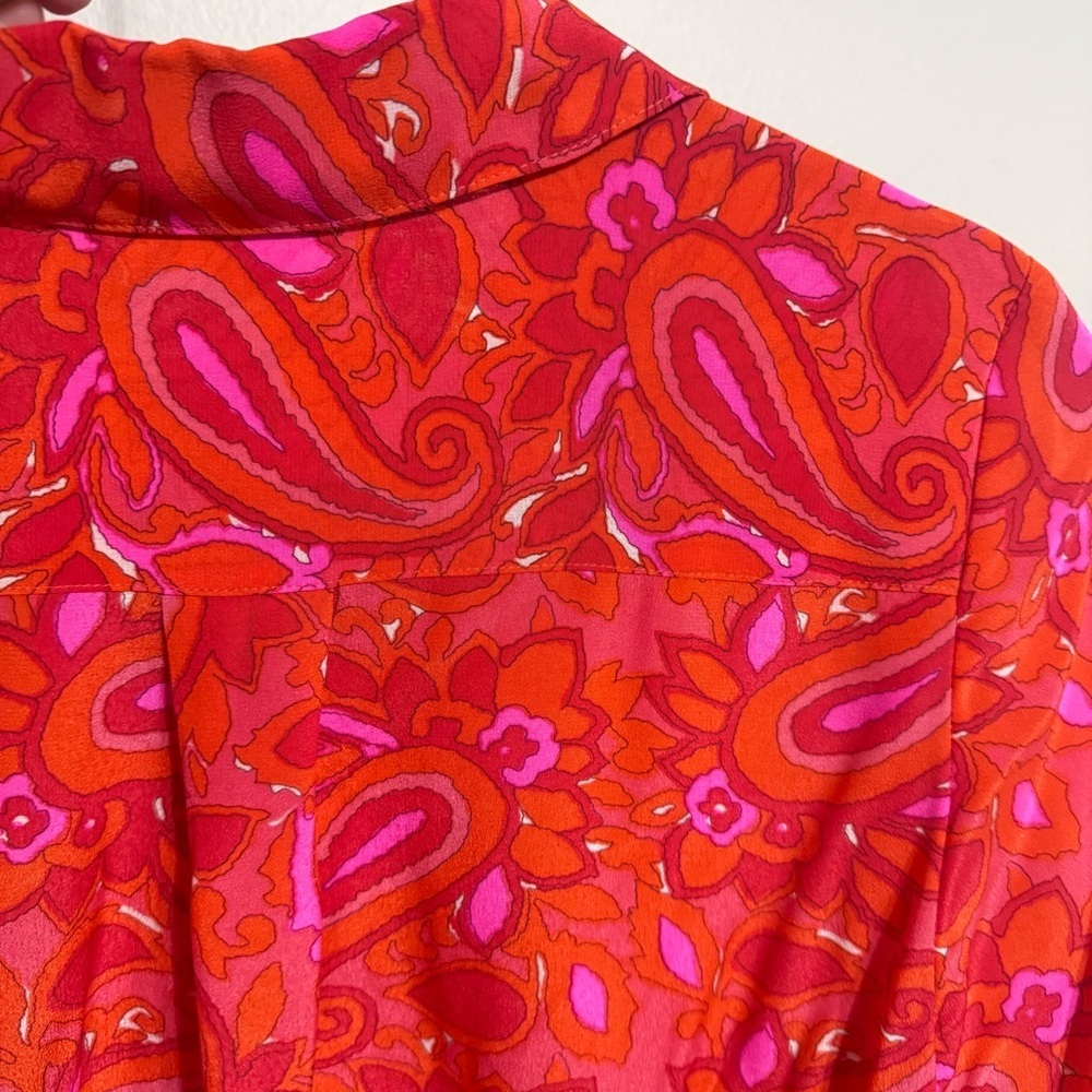 Talbots 100% Silk Paisley Shirt Dress Midi Size 12W Pink Red Orange Coral - Picture 5 of 6